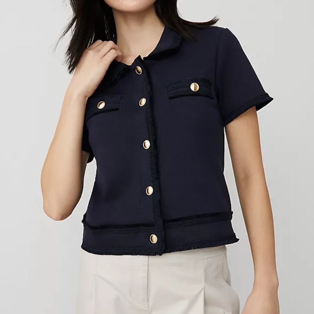 Navy Short Sleeve Cardigan with Gold Buttons -  Tipped Fringe Button Top
